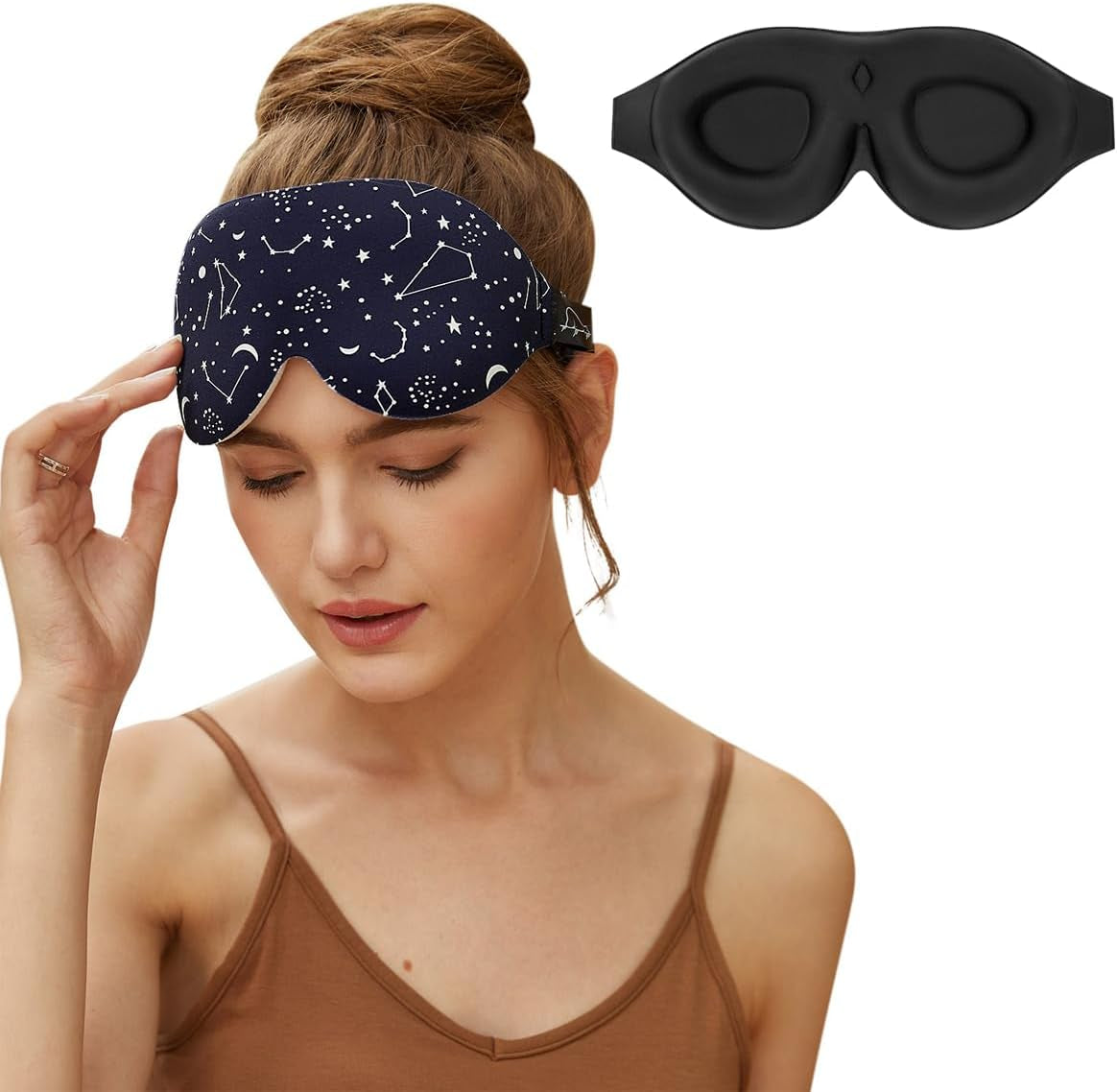 Sleep Mask Women Men with Molded Eye Cups, Well-Contoured 3 D Extra-Plush Soft Memory Foam Blackout Eye Mask Zero Pressure on Eyelids & Eyelashes W Earplugs Set - Silent Night Stars