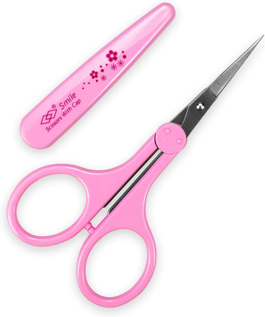 Eyebrow Scissors, Small Scissors for Facial, Nose, Eyebrow, Mustache, and Beard Hair Trimming & Grooming, Straight Edge, Pink Long Cap