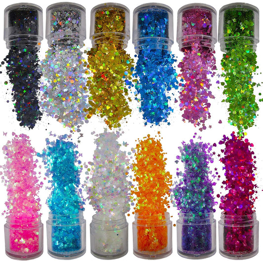 12 Colors Butterfly Star Chunky Glitter Flakes Holographic Heart Hexagon Shapes Crafts Body Glitter Sparkles Nail Sequins Stickers Accessories for Nail Arts, Resin Epoxy, Paints, Makeup