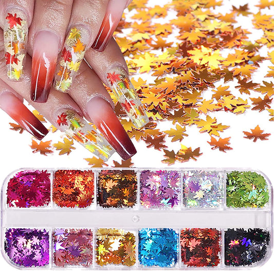 12 Colors Fall Leaf Glitter Nail Sequins - 3D Maple Leaf Holographic Nail Art Flakes Colorful Confetti Glitter Sticker Decals Manicure Nail Art Design Makeup DIY Christmas Decorations